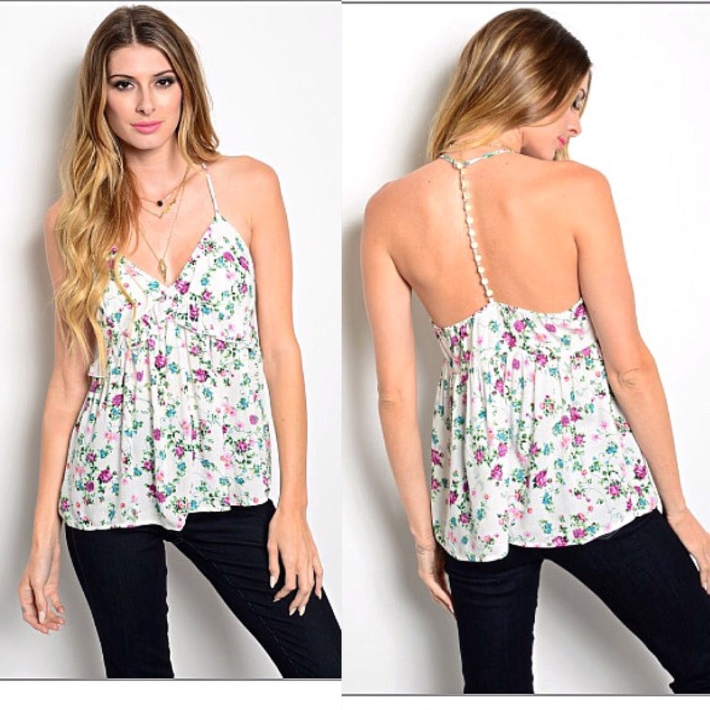Rhinestone embellished open back floral blouse